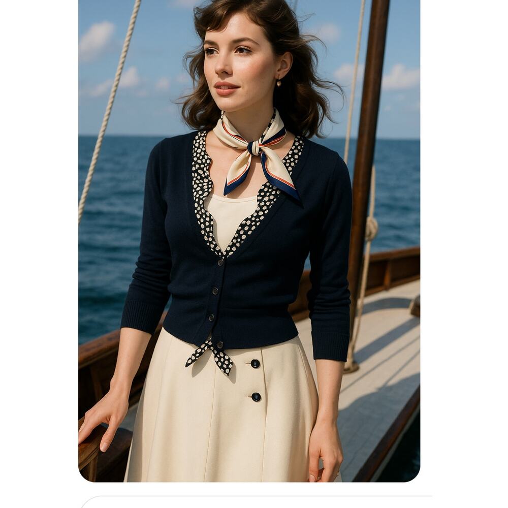 Womens Cardigans Size Large Monogram HWR Navy Nautical Ruffle Anthropologie